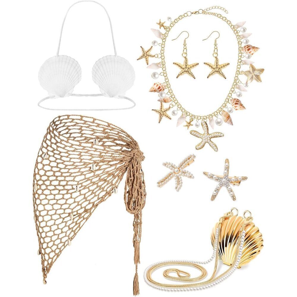 Summer Mermaid Costume Accessories Women Crochet Skirt Shell Bra Seashell Jewelr